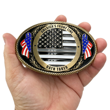 Load image into Gallery viewer, EL4-007 Correctional Officer Antique Gold Thin Gray Line CO Police American Flag Corrections Belt Buckle America's Front Line Oath Taker
