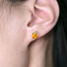 Load image into Gallery viewer, Asymmetrical Fire Opal Diamond Halo Stud Earrings 18K Yellow Gold