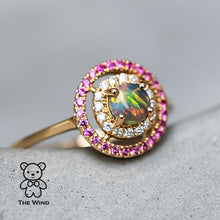 Load image into Gallery viewer, Princess Dream - Australian Black Opal Diamond Engagement Ring Pink Sapphire 18K Yellow Gold