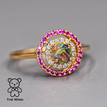 Load image into Gallery viewer, Princess Dream - Australian Black Opal Diamond Engagement Ring Pink Sapphire 18K Yellow Gold