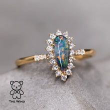 Load image into Gallery viewer, Australian Black Opal &amp; Halo Diamond Engagement Ring 18K Yellow Gold