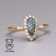 Load image into Gallery viewer, Australian Black Opal &amp; Halo Diamond Engagement Ring 18K Yellow Gold