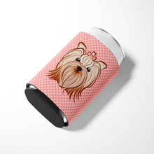 Load image into Gallery viewer, Pink Checkered Yorkie / Yorkshire Terrier Can or Bottle Hugger BB1138CC
