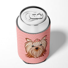 Load image into Gallery viewer, Pink Checkered Yorkie / Yorkshire Terrier Can or Bottle Hugger BB1138CC