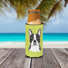 Load image into Gallery viewer, Lime Checkered Boston Terrier Slim Can Hugger – Fun &amp; Functional Drink Coolers BB1139MUK