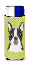 Load image into Gallery viewer, Lime Checkered Boston Terrier Slim Can Hugger – Fun &amp; Functional Drink Coolers BB1139MUK