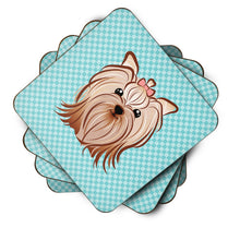 Load image into Gallery viewer, Checkerboard Blue Yorkie Yorkshire Terrier Coasters - Set of 4 Lightweight Foam, Absorbent Drink Coasters BB1142FC