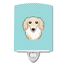 Load image into Gallery viewer, Checkerboard Blue Longhair Creme Dachshund Ceramic Night Light BB1150CNL
