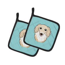 Load image into Gallery viewer, Checkerboard Blue Longhair Creme Dachshund Pot Holders - Set of 2 - Heat-Resistant Kitchen Essentials BB1150PTHD