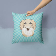 Load image into Gallery viewer, Checkerboard Blue Longhair Creme Dachshund Canvas Throw Pillow - 14x14 Decorative Pillow – Art for Your Home &amp; Patio BB1150PW1414