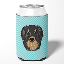 Load image into Gallery viewer, Checkerboard Blue Longhair Black and Tan Dachshund Can or Bottle Hugger BB1151CC