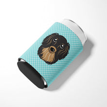 Load image into Gallery viewer, Checkerboard Blue Longhair Black and Tan Dachshund Can or Bottle Hugger BB1151CC
