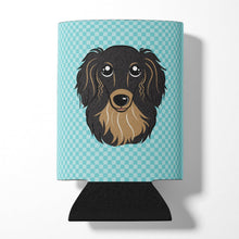 Load image into Gallery viewer, Checkerboard Blue Longhair Black and Tan Dachshund Can or Bottle Hugger BB1151CC