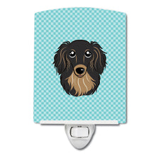 Load image into Gallery viewer, Checkerboard Blue Longhair Black and Tan Dachshund Ceramic Night Light BB1151CNL