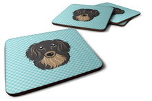 Load image into Gallery viewer, Checkerboard Blue Longhair Black and Tan Dachshund Coasters - Set of 4 Lightweight Foam, Absorbent Drink Coasters BB1151FC