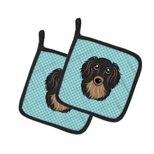 Load image into Gallery viewer, Checkerboard Blue Longhair Black and Tan Dachshund Pot Holders - Set of 2 - Heat-Resistant Kitchen Essentials BB1151PTHD