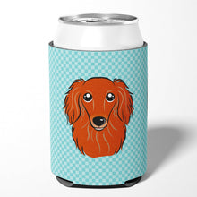 Load image into Gallery viewer, Checkerboard Blue Longhair Red Dachshund Can or Bottle Hugger BB1152CC