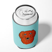 Load image into Gallery viewer, Checkerboard Blue Longhair Red Dachshund Can or Bottle Hugger BB1152CC