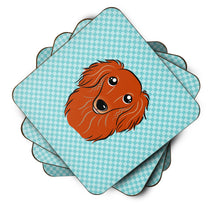 Load image into Gallery viewer, Checkerboard Blue Longhair Red Dachshund Coasters - Set of 4 Lightweight Foam, Absorbent Drink Coasters BB1152FC