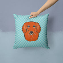 Load image into Gallery viewer, Checkerboard Blue Longhair Red Dachshund Canvas Throw Pillow - 14x14 Decorative Pillow – Art for Your Home &amp; Patio BB1152PW1414