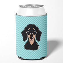 Load image into Gallery viewer, Checkerboard Blue Smooth Black and Tan Dachshund Can or Bottle Hugger BB1153CC