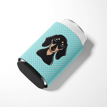 Load image into Gallery viewer, Checkerboard Blue Smooth Black and Tan Dachshund Can or Bottle Hugger BB1153CC