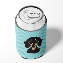Load image into Gallery viewer, Checkerboard Blue Smooth Black and Tan Dachshund Can or Bottle Hugger BB1153CC