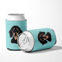 Load image into Gallery viewer, Checkerboard Blue Smooth Black and Tan Dachshund Can or Bottle Hugger BB1153CC