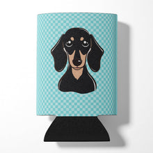 Load image into Gallery viewer, Checkerboard Blue Smooth Black and Tan Dachshund Can or Bottle Hugger BB1153CC