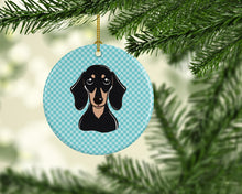 Load image into Gallery viewer, Checkerboard Blue Smooth Black and Tan Dachshund Ceramic Ornament BB1153CO1