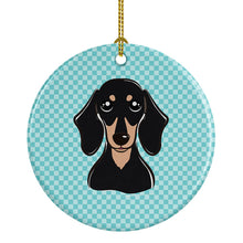 Load image into Gallery viewer, Checkerboard Blue Smooth Black and Tan Dachshund Ceramic Ornament BB1153CO1