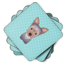 Load image into Gallery viewer, Checkerboard Blue Yorkie Puppy Coasters - Set of 4 Lightweight Foam, Absorbent Drink Coasters BB1170FC