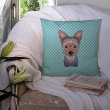 Load image into Gallery viewer, Checkerboard Blue Yorkie Puppy Canvas Throw Pillow - 14x14 Decorative Pillow – Art for Your Home &amp; Patio BB1170PW1414