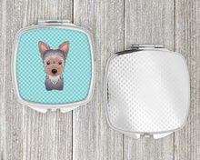 Load image into Gallery viewer, Checkerboard Blue Yorkie Puppy Compact Mirror – Stylish Purse Mirror with Artistic Covers BB1170SCM