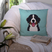 Load image into Gallery viewer, Checkerboard Blue Bernese Mountain Dog Canvas Throw Pillow - 14x14 Decorative Pillow – Art for Your Home &amp; Patio BB1175PW1414