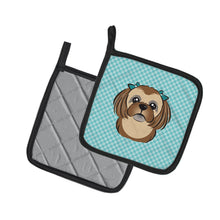 Load image into Gallery viewer, Checkerboard Blue Chocolate Brown Shih Tzu Pot Holders - Set of 2 - Heat-Resistant Kitchen Essentials BB1187PTHD