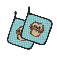 Load image into Gallery viewer, Checkerboard Blue Chocolate Brown Shih Tzu Pot Holders - Set of 2 - Heat-Resistant Kitchen Essentials BB1187PTHD