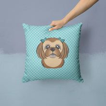 Load image into Gallery viewer, Checkerboard Blue Chocolate Brown Shih Tzu Canvas Throw Pillow - 14x14 Decorative Pillow – Art for Your Home &amp; Patio BB1187PW1414