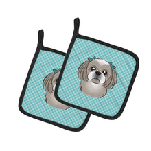 Load image into Gallery viewer, Checkerboard Blue Gray Silver Shih Tzu Pot Holders - Set of 2 - Heat-Resistant Kitchen Essentials BB1188PTHD
