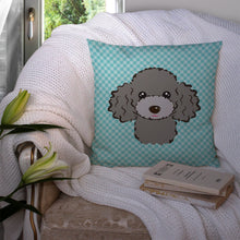 Load image into Gallery viewer, Checkerboard Blue Silver Gray Poodle Canvas Throw Pillow - 14x14 Decorative Pillow – Art for Your Home &amp; Patio BB1197PW1414