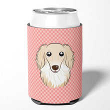 Load image into Gallery viewer, Checkerboard Pink Longhair Creme Dachshund Can or Bottle Hugger BB1212CC