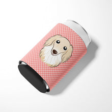 Load image into Gallery viewer, Checkerboard Pink Longhair Creme Dachshund Can or Bottle Hugger BB1212CC