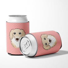 Load image into Gallery viewer, Checkerboard Pink Longhair Creme Dachshund Can or Bottle Hugger BB1212CC