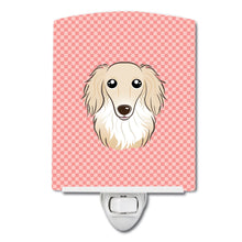 Load image into Gallery viewer, Checkerboard Pink Longhair Creme Dachshund Ceramic Night Light BB1212CNL
