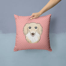 Load image into Gallery viewer, Checkerboard Pink Longhair Creme Dachshund Canvas Throw Pillow - 14x14 Decorative Pillow – Art for Your Home &amp; Patio BB1212PW1414