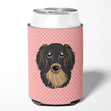 Load image into Gallery viewer, Checkerboard Pink Longhair Black and Tan Dachshund Can or Bottle Hugger BB1213CC