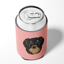 Load image into Gallery viewer, Checkerboard Pink Longhair Black and Tan Dachshund Can or Bottle Hugger BB1213CC