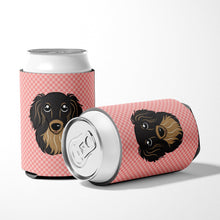 Load image into Gallery viewer, Checkerboard Pink Longhair Black and Tan Dachshund Can or Bottle Hugger BB1213CC