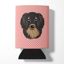 Load image into Gallery viewer, Checkerboard Pink Longhair Black and Tan Dachshund Can or Bottle Hugger BB1213CC