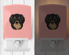 Load image into Gallery viewer, Checkerboard Pink Longhair Black and Tan Dachshund Ceramic Night Light BB1213CNL